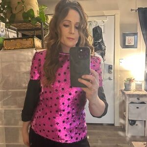 Chuck Jones Sequin Cocktail Top Hot Pink Black Rosette 80s Party Glam Size 6